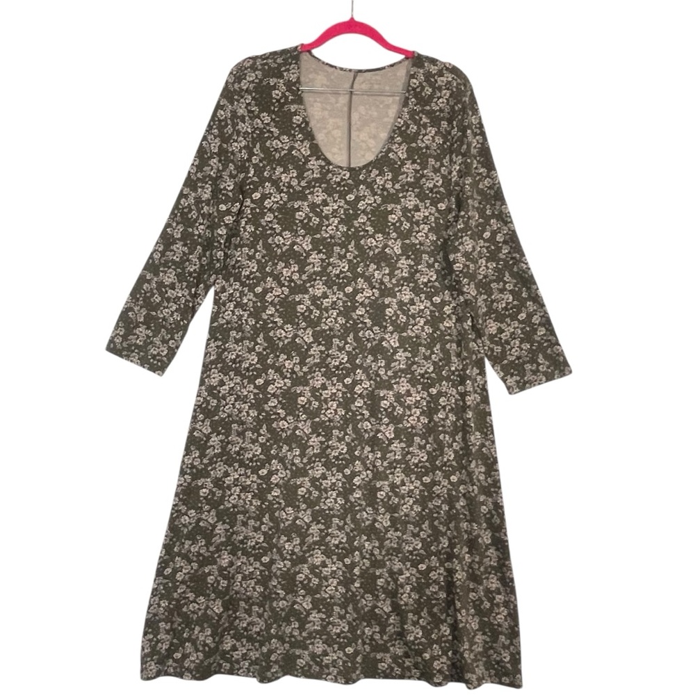 Garnet Hill Seamed Knit Trapeze Green Floral Stretch Tencel Blend Casual Dress L - Picture 3 of 10